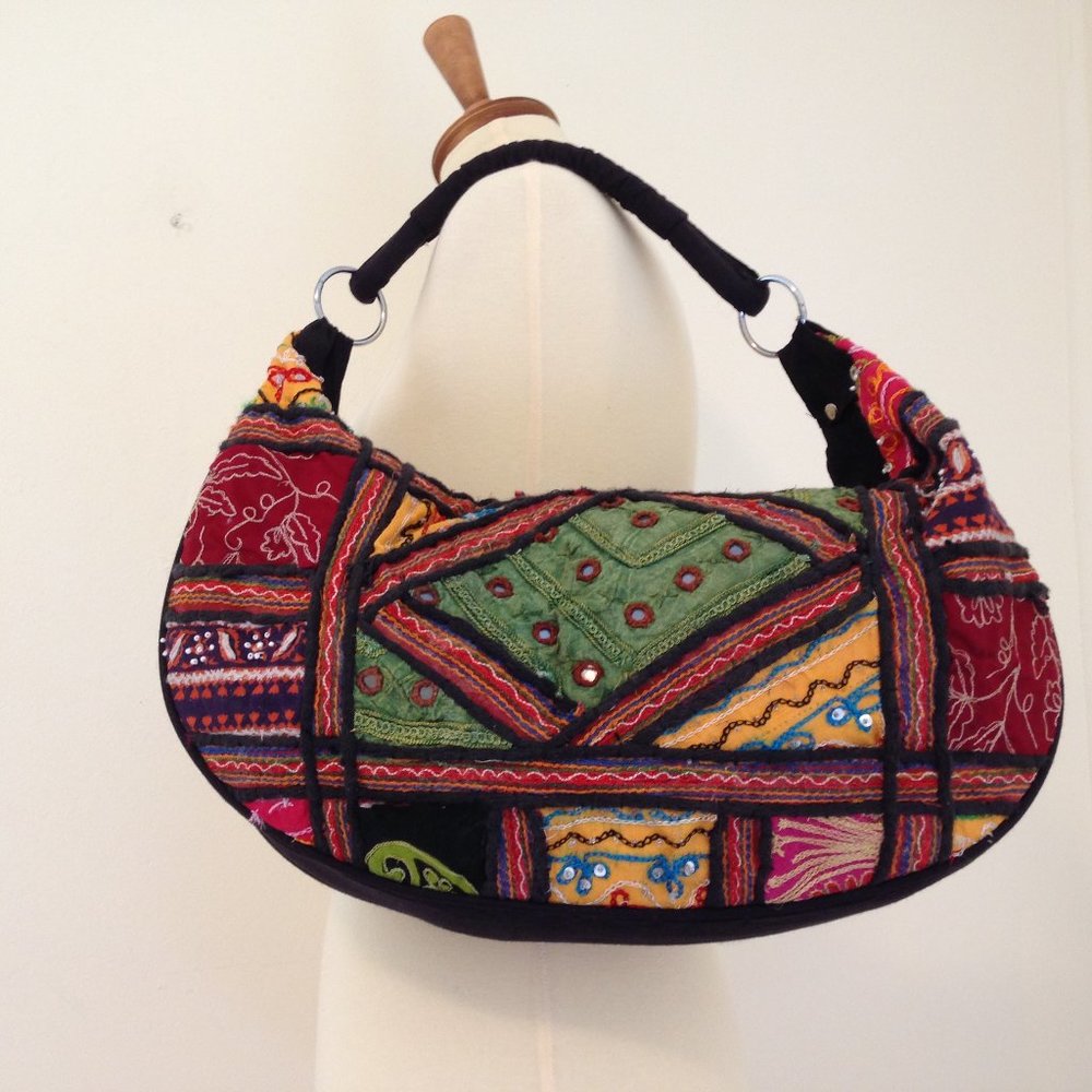 Patchwork Beaded Purse from India Black Hobo Bag